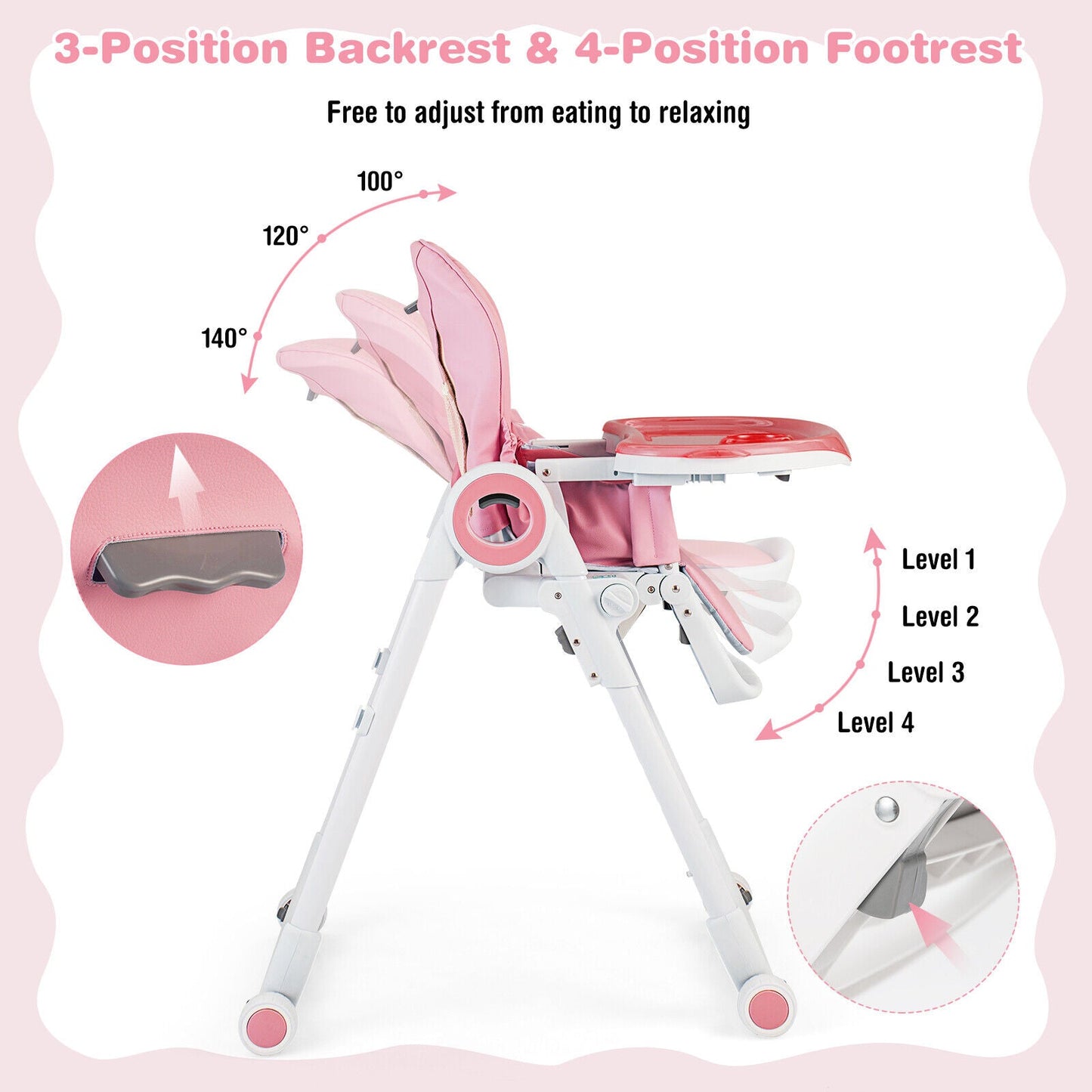 Premium Foldable Baby High Chair with Lockable Wheels - Pink