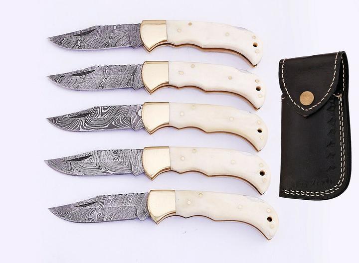 Set of 5 Exquisite Handmade Damascus Steel Folding Knives - Korvel