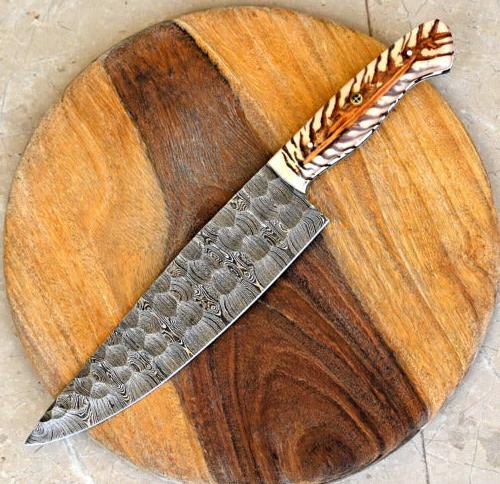 Master Artisan's Custom 13-Inch Damascus Chef’s Knife with Unique Epoxy Pine-cone Handle & Leather Sheath - Korvel