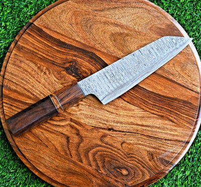Mastercraft Santoku Knife: Handcrafted Damascus Steel with Rosewood Handle & Leather Case - Korvel