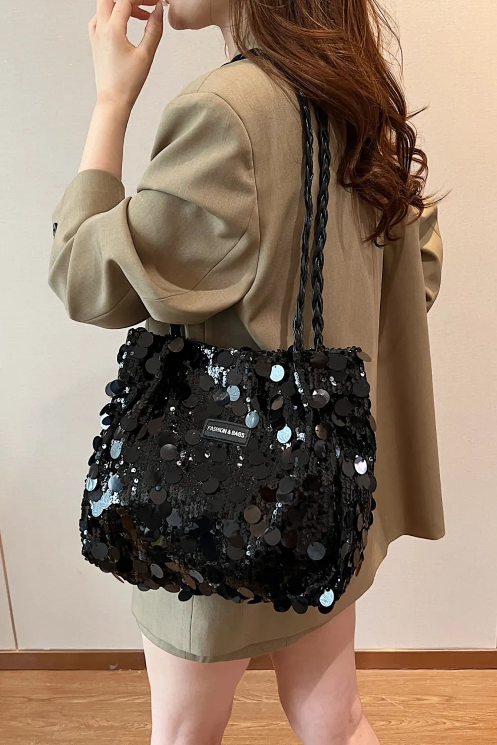 Sequin Braided Strap Shoulder Bag - Korvel