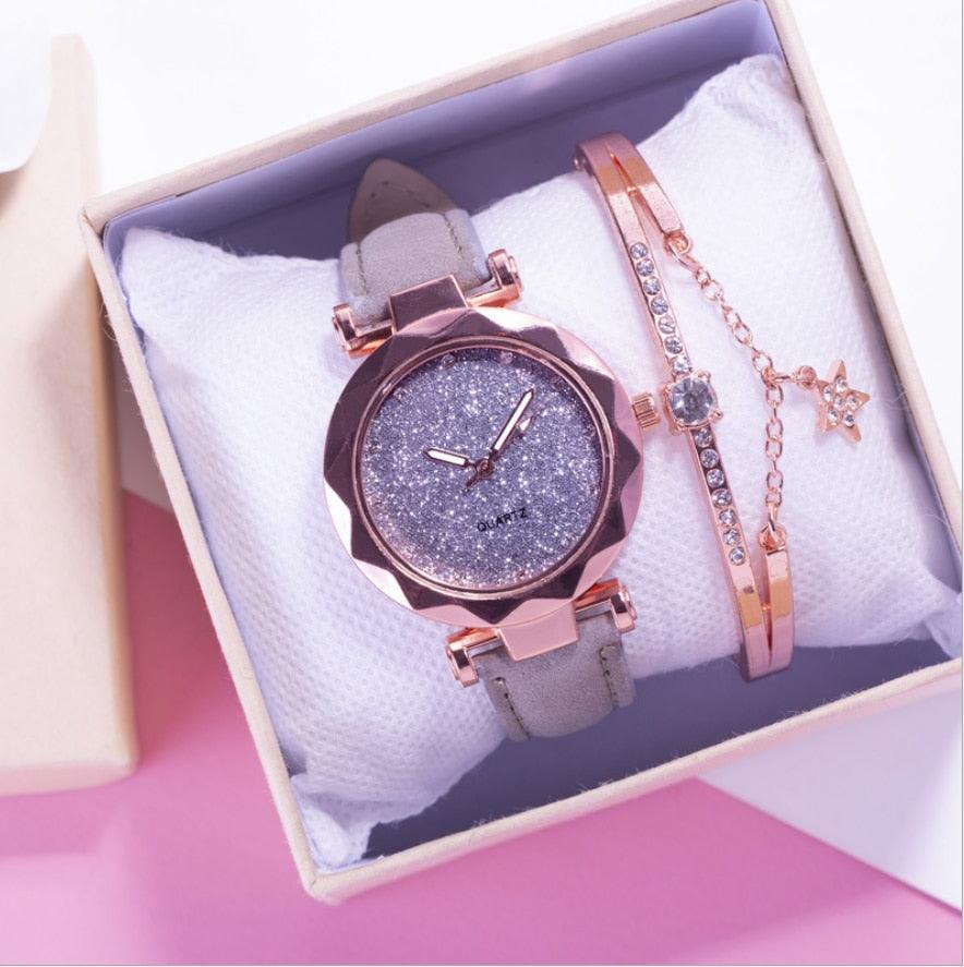 Montre à Quartz Élégante en Cuir pour Femmes avec Ensemble de Bracelets