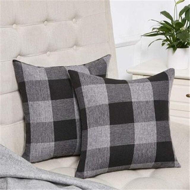 Housse de Coussin en Lin à Carreaux avec Fermeture Éclair Invisible - 45x45cm