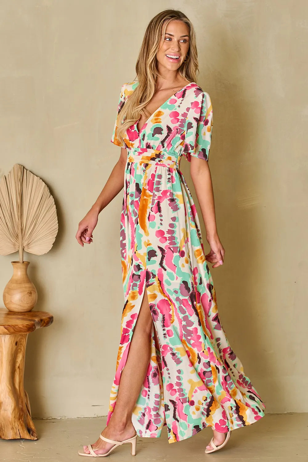 Elegant Slit Printed Surplice Maxi Dress