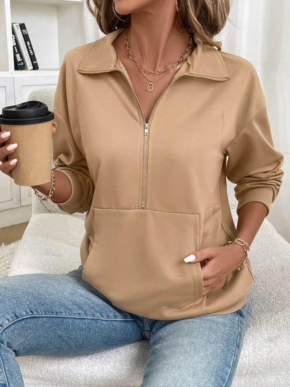 Solid color zipper pocket long sleeved lapel sweatshirt - Korvel