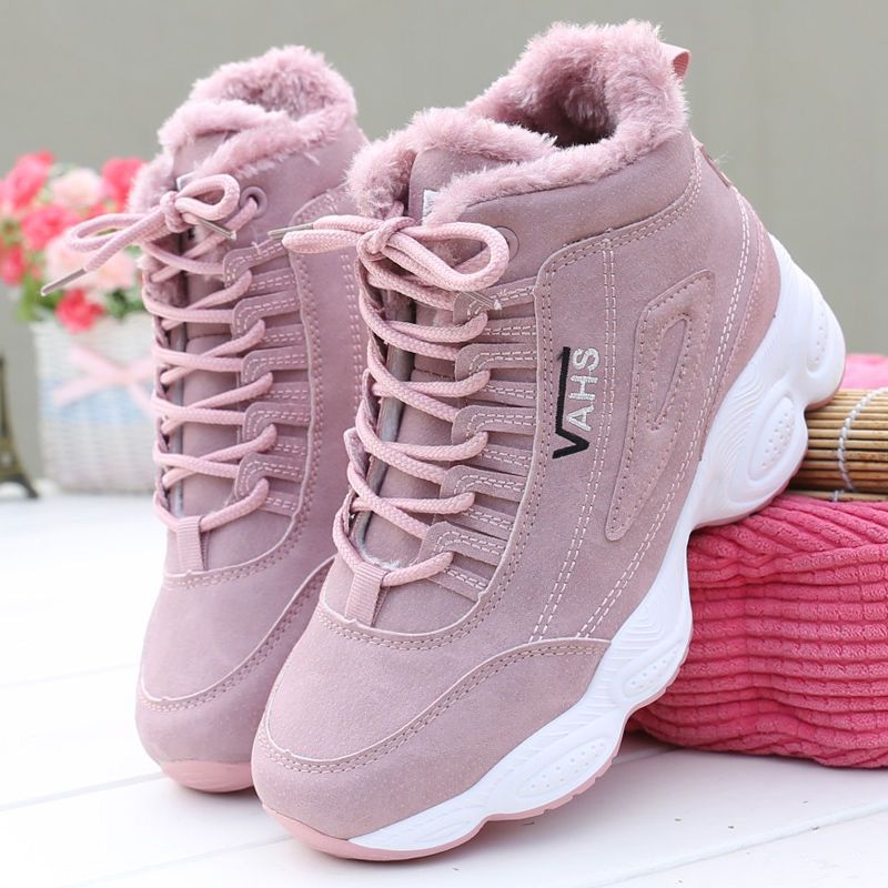 Sports shoes, casual with plush insulation, cotton shoes, leather surface, Korean version, versatile, high top, dad shoes, women's shoes - Korvel