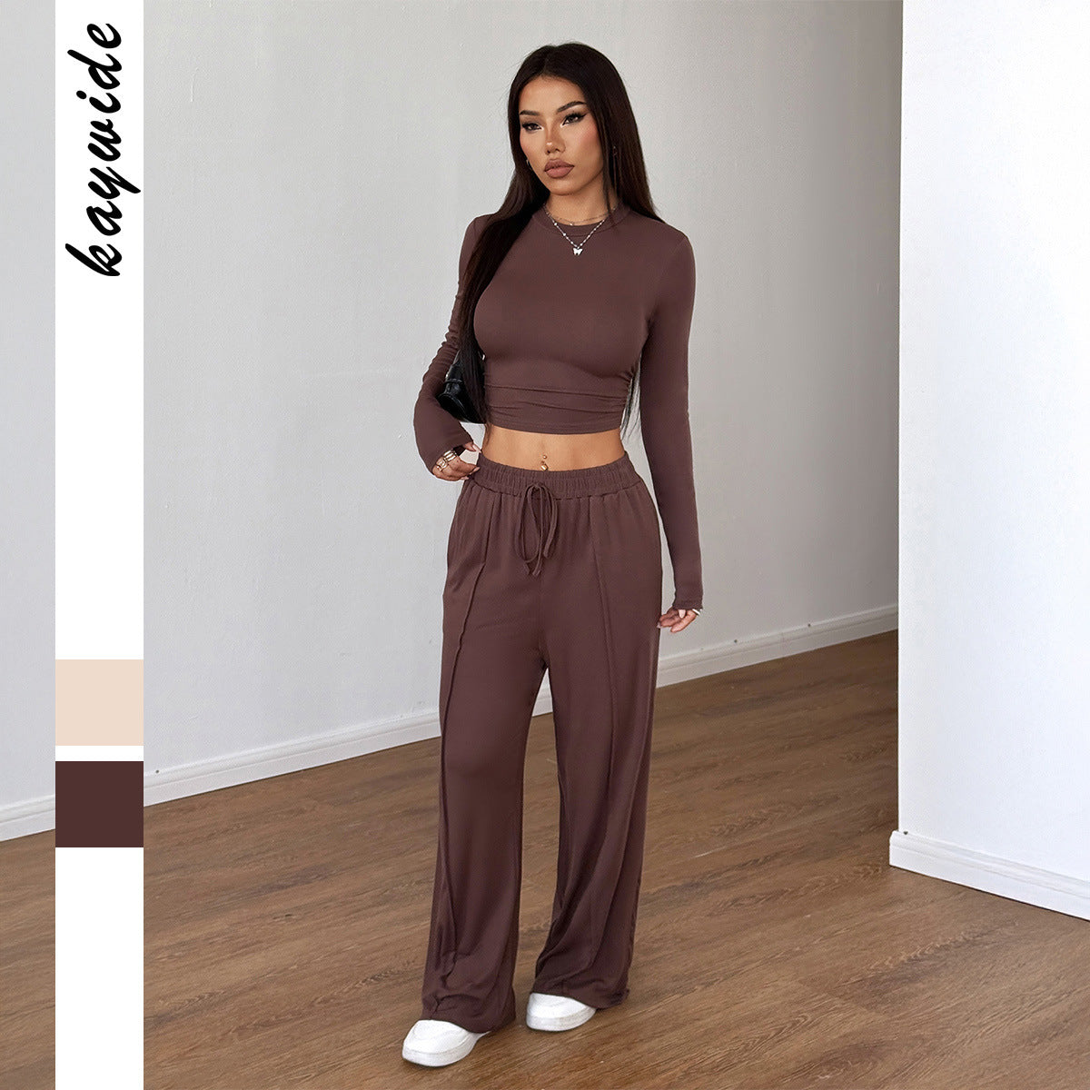 Sports style high elasticity long sleeved wide leg pants set - Korvel