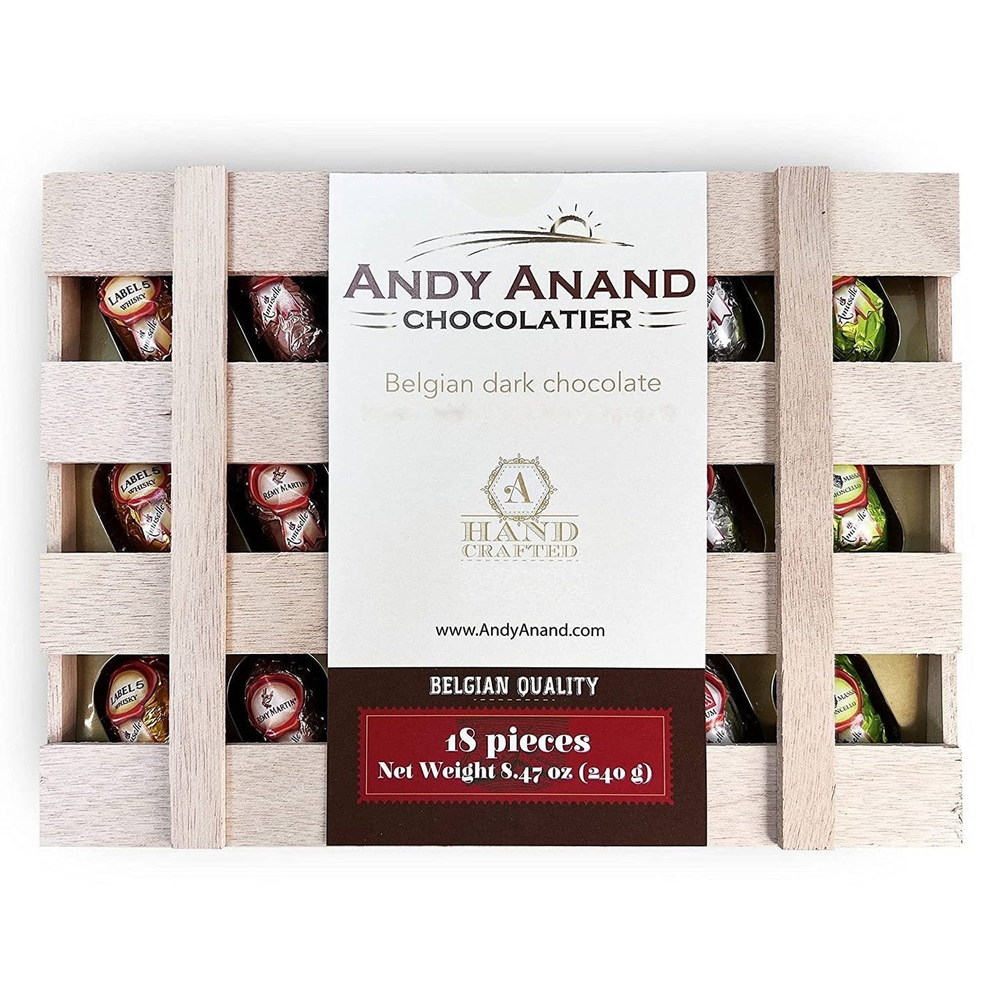 Botellas de Chocolate Oscuro con Licor Vegano Europeo Andy Anand – 18 Contenido