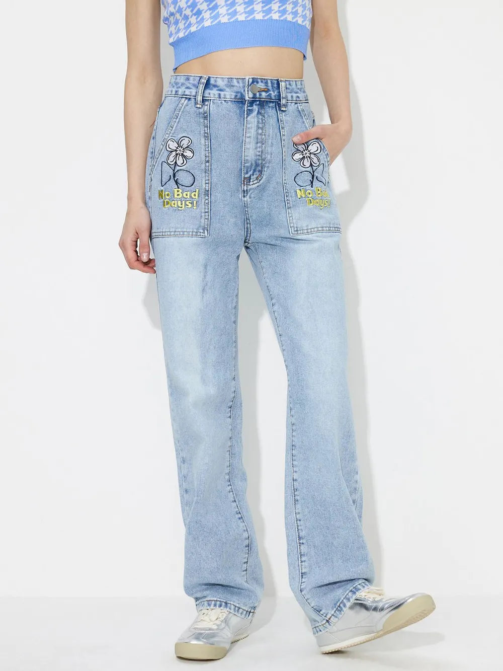 Straight embroidered loose high waisted denim pants - Korvel