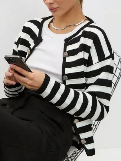 Striped Dropped Shoulder Long Sleeve Cardigan - Korvel