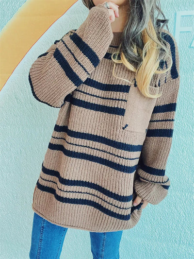 Striped Round Neck Long Sleeve Sweater - Korvel