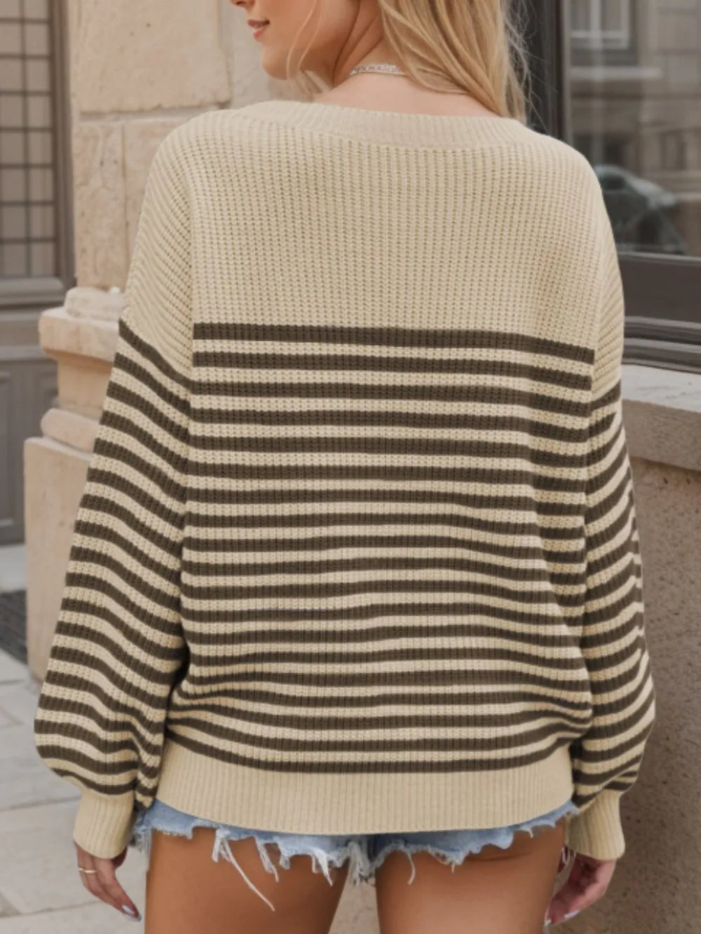Striped Round Neck Long Sleeve Sweater - Korvel