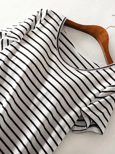 Striped Round Neck Short Sleeve Dress - Korvel