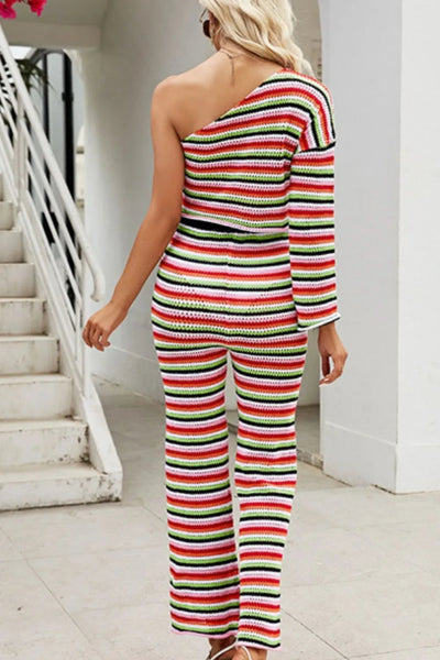 Striped Single Shoulder Top and Pants Knit Set - Korvel