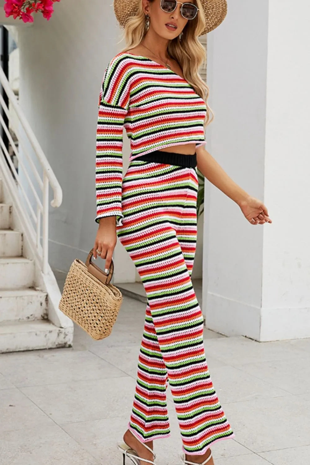 Striped Single Shoulder Top and Pants Knit Set - Korvel