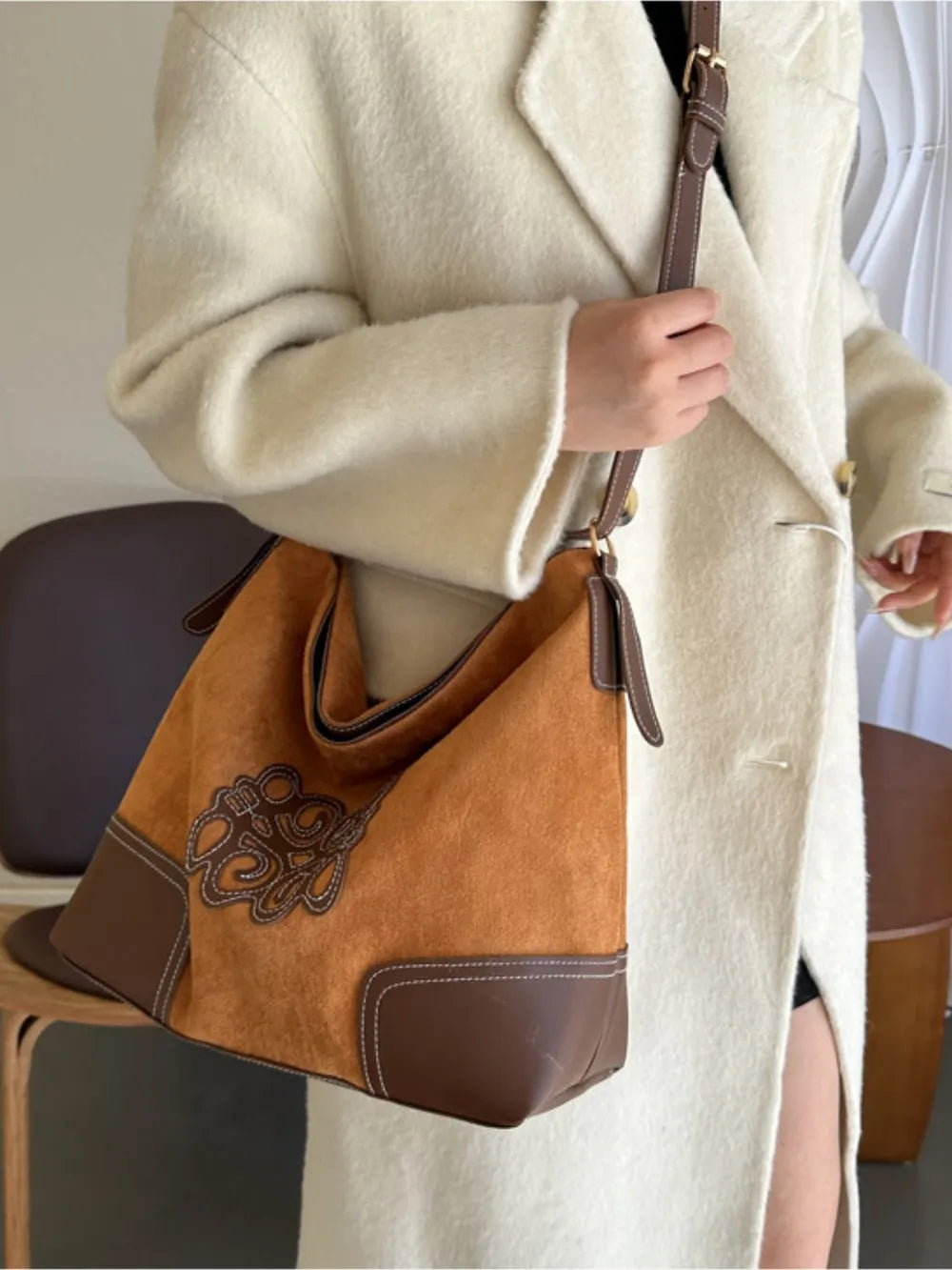 Suede Patch Adjustable Strap Tote Bag - Korvel