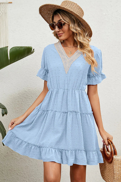Summer Jacquard Hairball V-neck Loose Solid Color Elastic Waist Dress for Women - Korvel