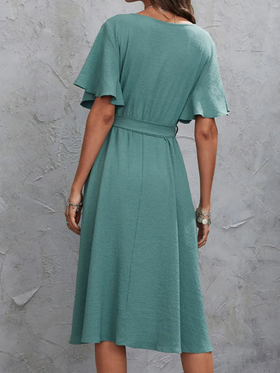 Surplice Flutter Sleeve Midi Dress - Korvel