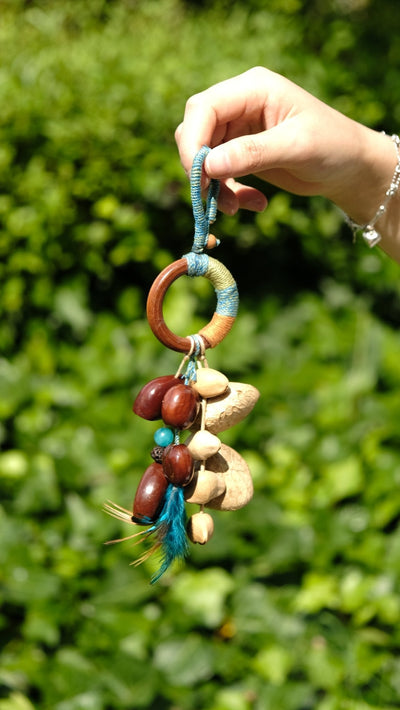 The Azure Spirit - Hand-Wrapped Wood Ring & Blue Feather Charm