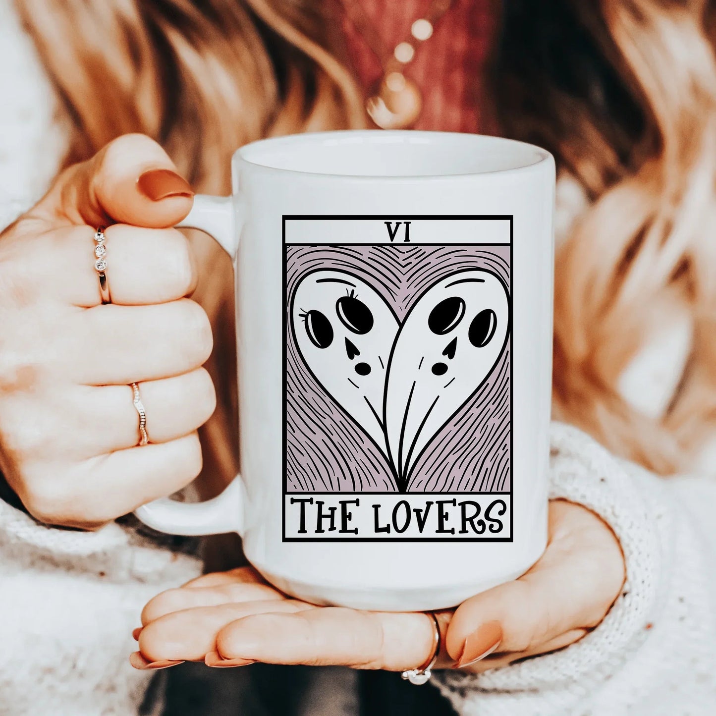 Taza de cerámica con la carta del Tarot de los Enamorados, 15 oz
