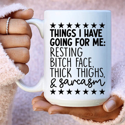 Taza de cerámica "Cosas que tengo a mi favor" de 15 oz