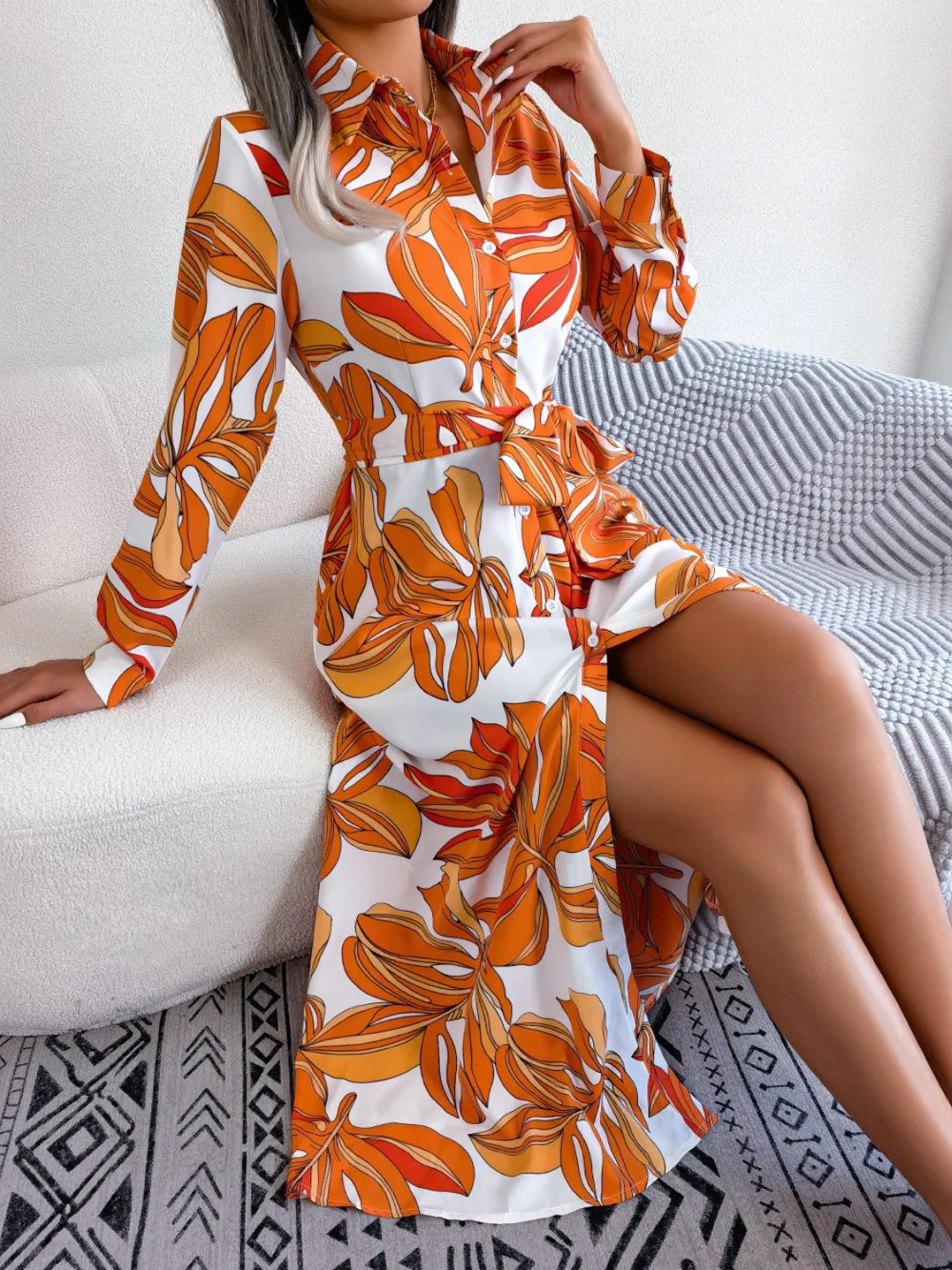 Tied Button Up Long Sleeve Dress - Korvel