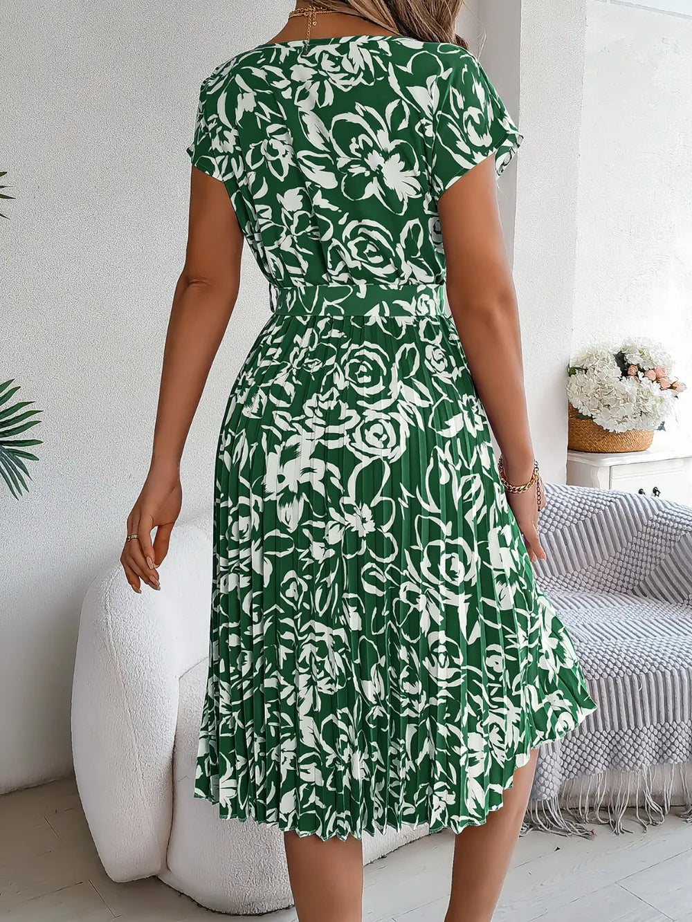 Tied Pleated Printed Short Sleeve Dress - Korvel
