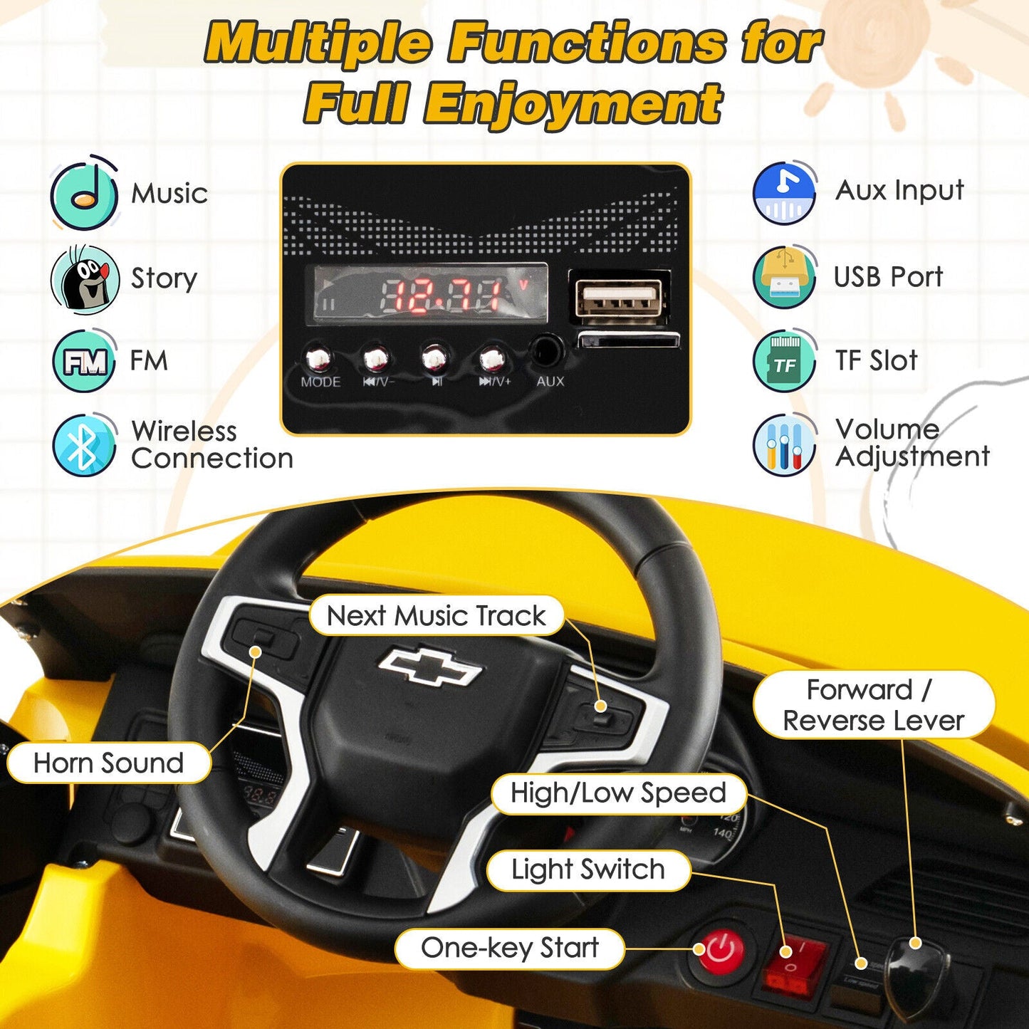 12V Kids Ride-On Car with Remote Control - Yellow