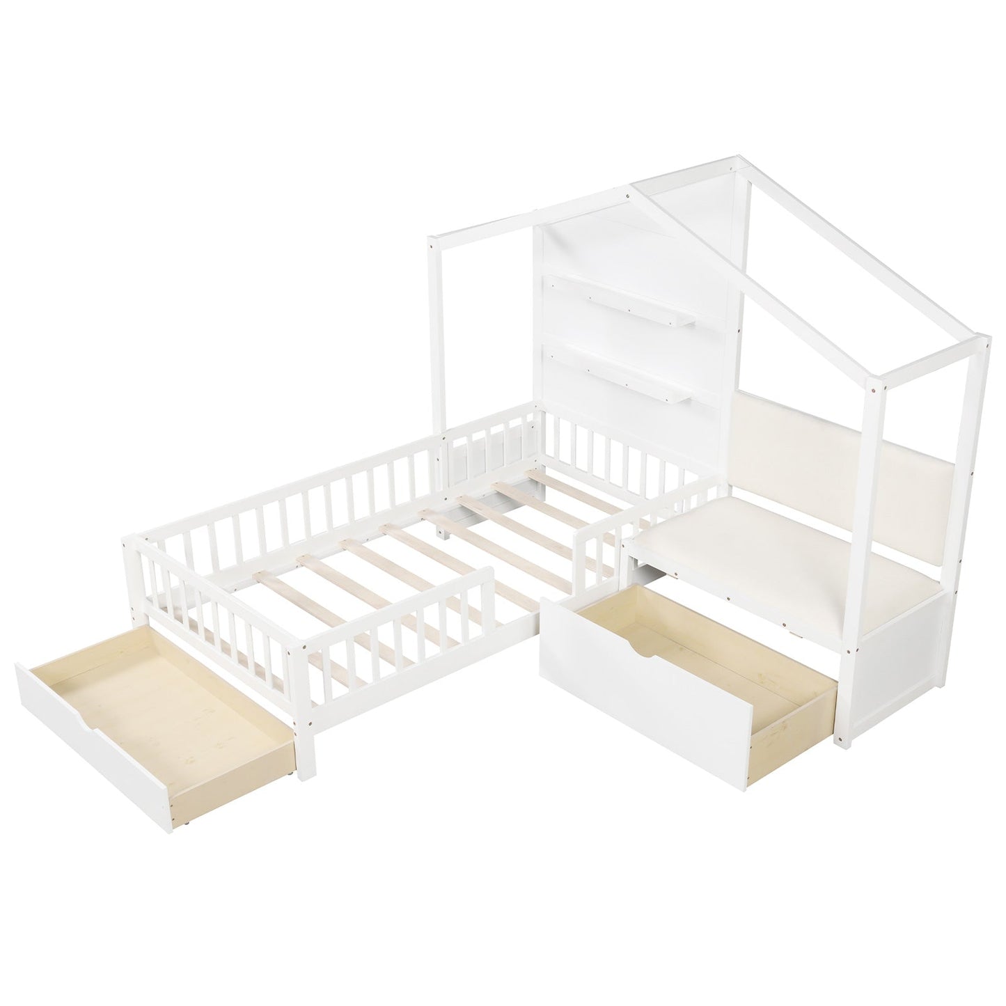 Cama tipo casa tamaño twin para niños con banco acolchado - Blanco