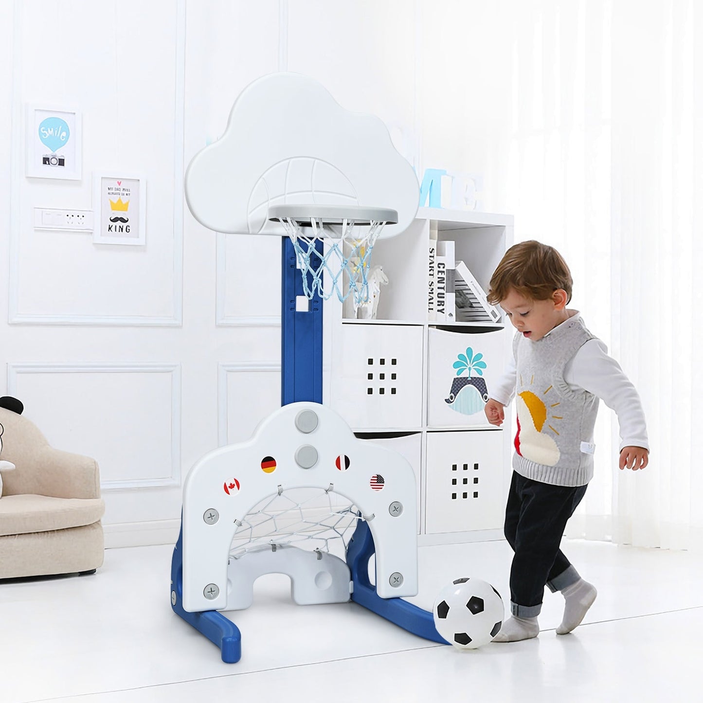 Juego de Aro de Baloncesto para Niños 3 en 1 con Pelotas - Blanco