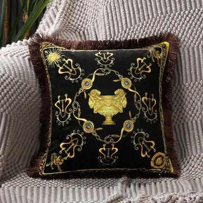 Housse de coussin en polyester imprimé de luxe avec bord à franges