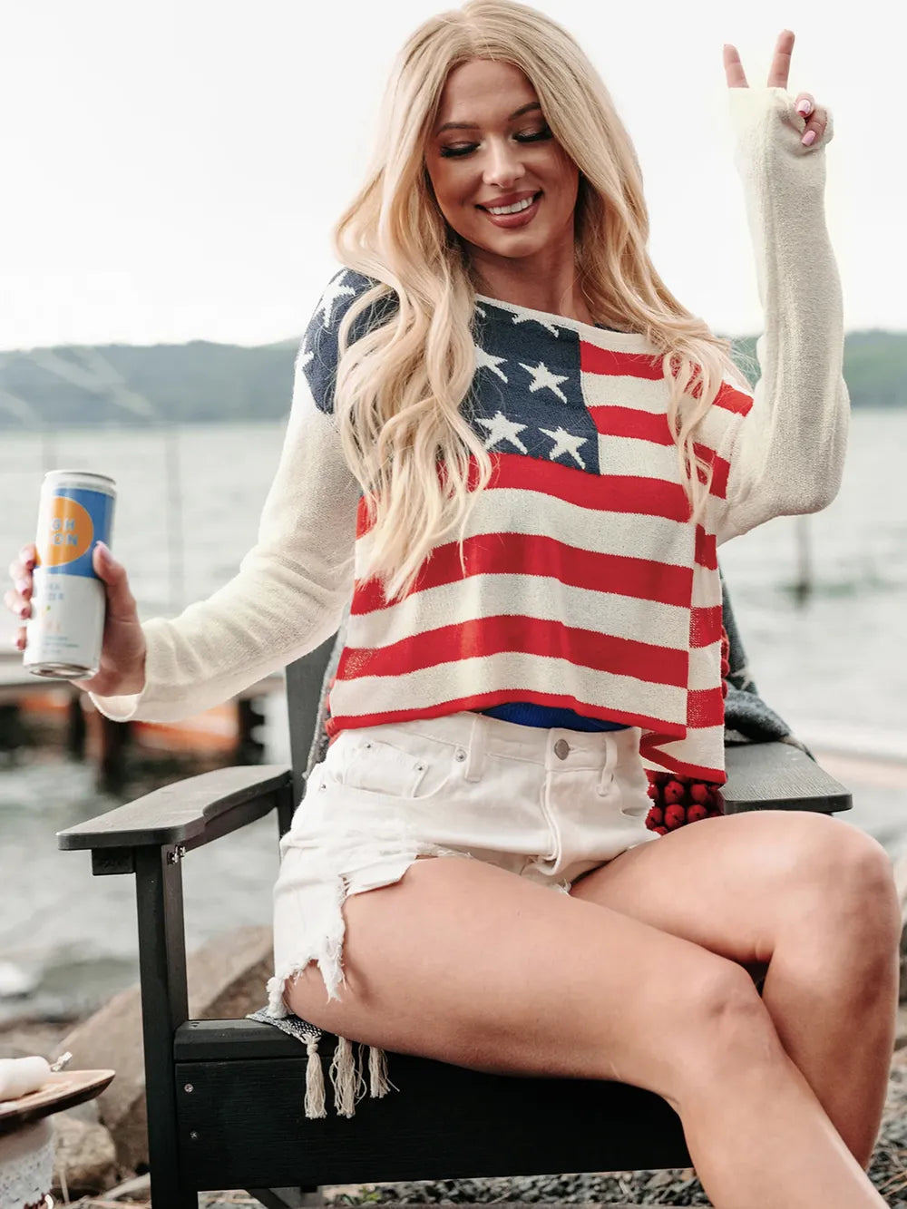 US Flag Boat Neck Long Sleeve Knit Top - Korvel