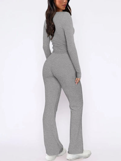 V-Neck Long Sleeve Top and Pants Set - Korvel