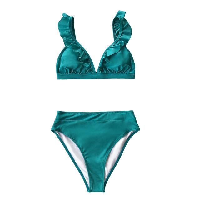 Conjunto de bikini de talle alto con volantes y escote en V para mujeres