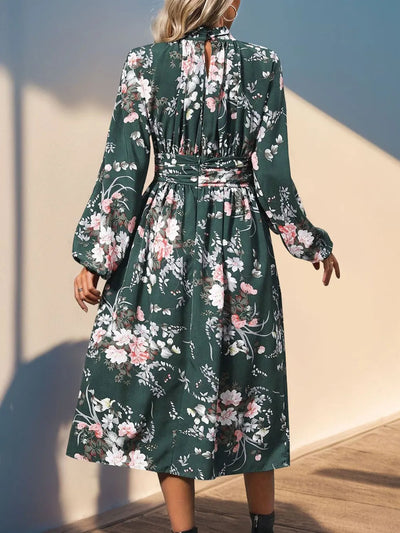 Vintage printed elegant high waisted dress with long sleeves and stand up collar women's long skirt - Korvel