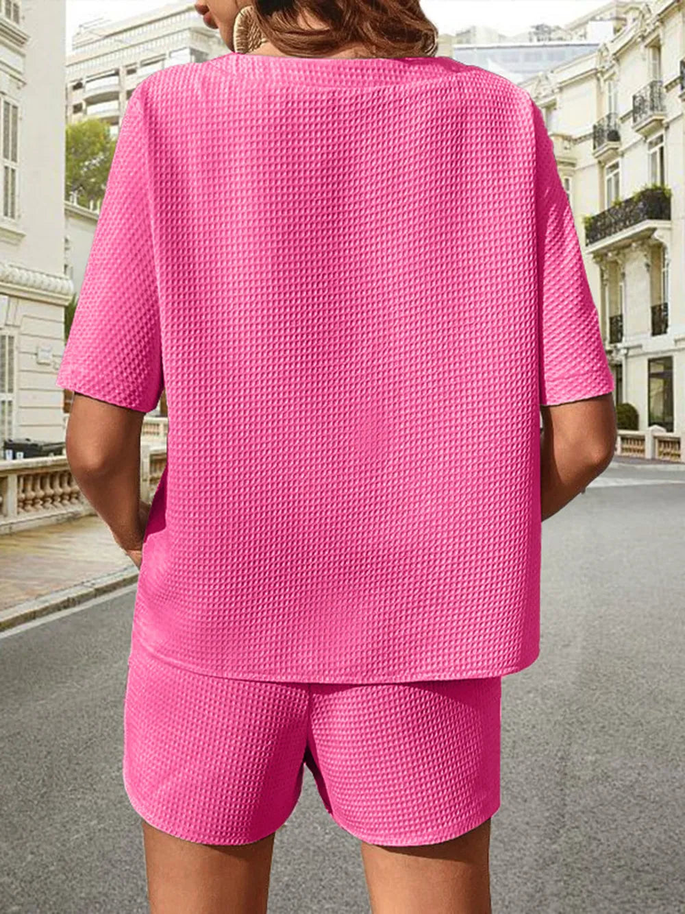 Waffle-Knit Half Sleeve Top and Shorts Set - Korvel