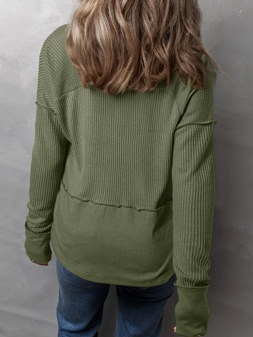 Waffle-Knit Notched Long Sleeve T-Shirt - Korvel