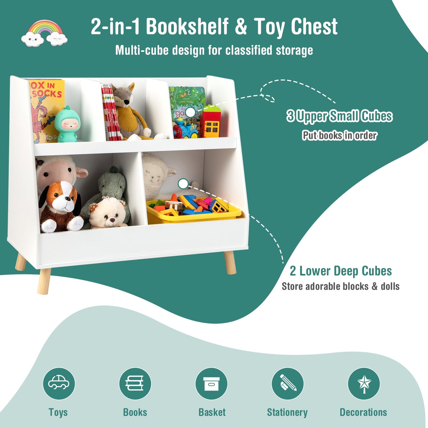 5-Cube Kids Bookshelf and Toy Organizer - White