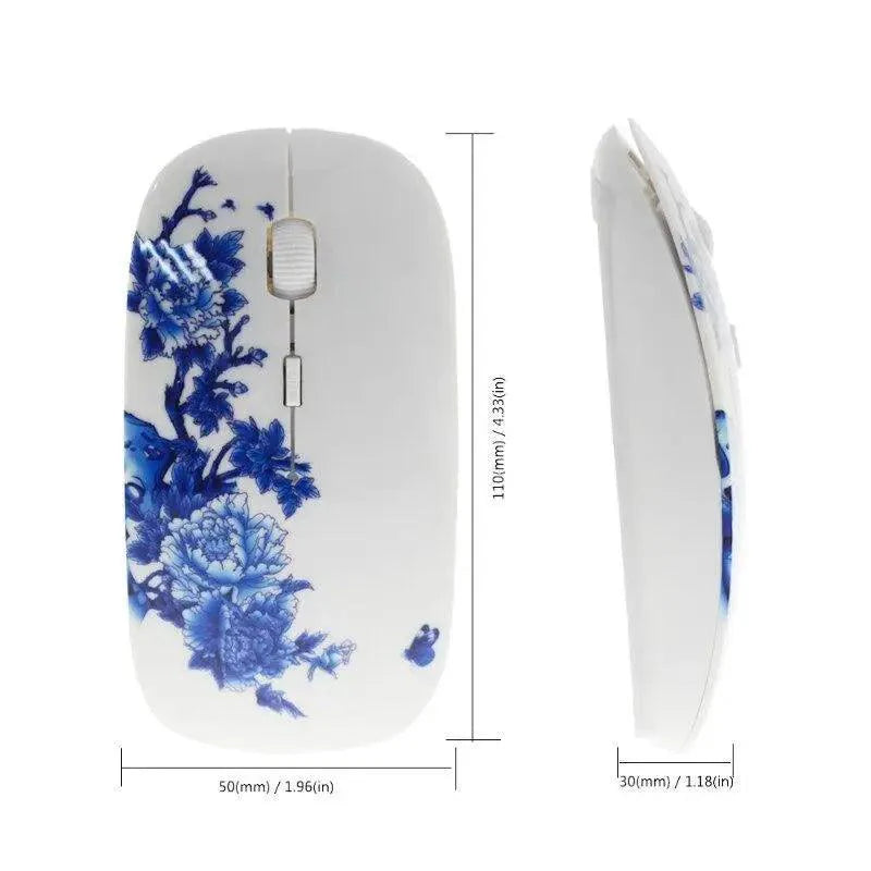 Ratón óptico inalámbrico con patrón de flores azules y blancas - 1600 DPI