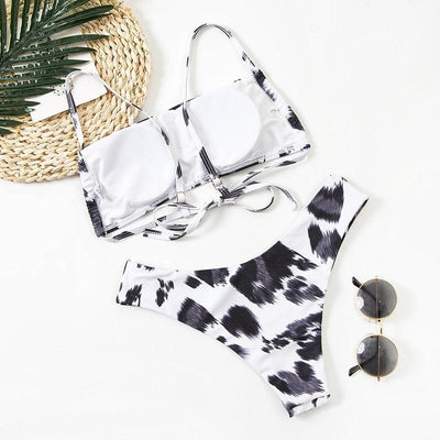 Lace Up Black Print Bikini Set for Women