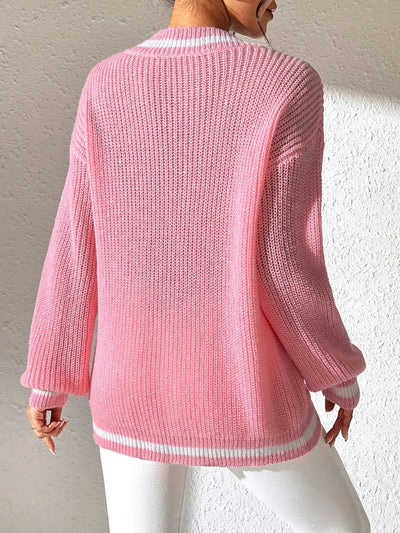 Women's College Style Women's Sweater Color Contrasting V-neck Loose Sweater - Korvel