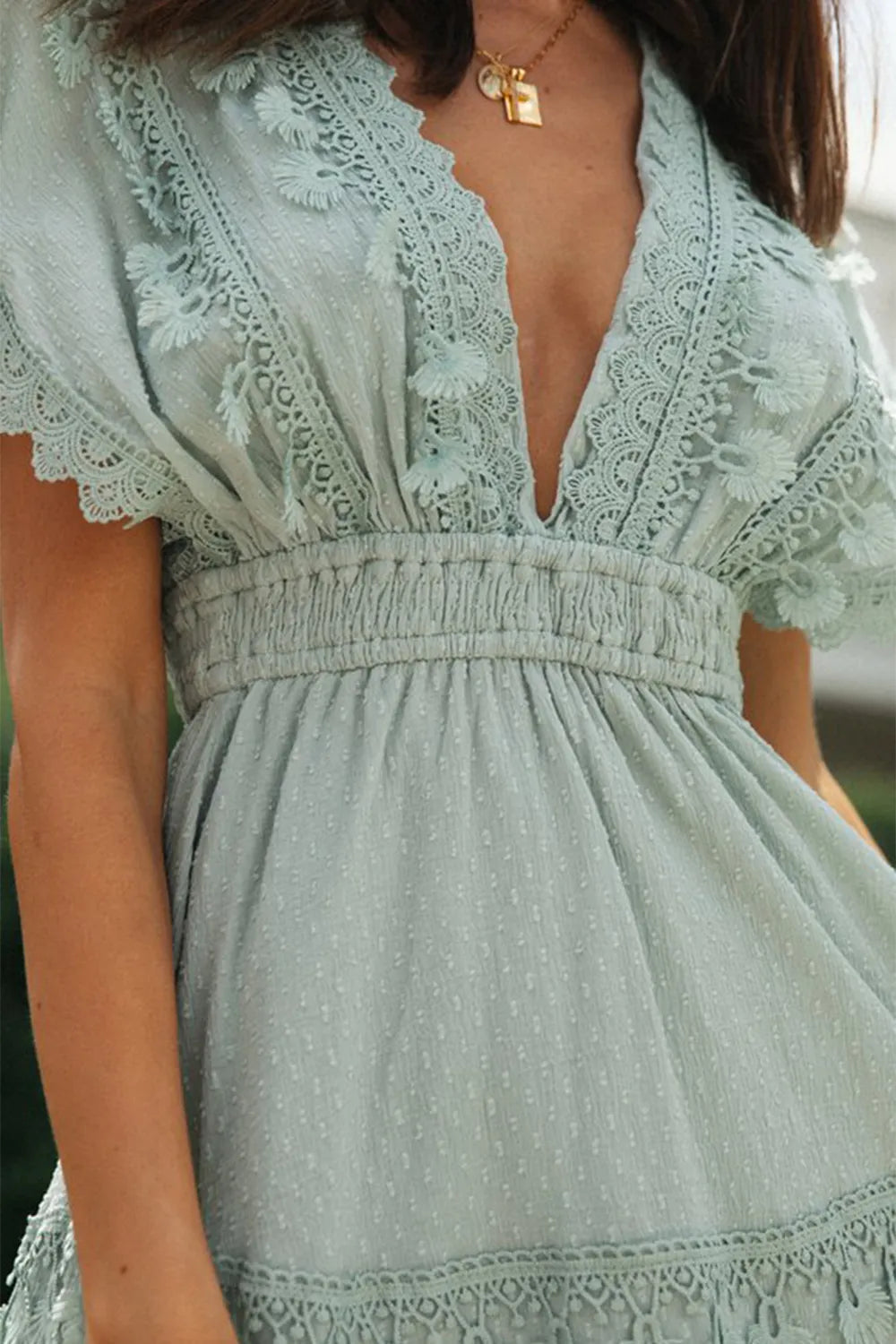 Women's lace patchwork lace up backless big swing batball sleeve dress - Korvel