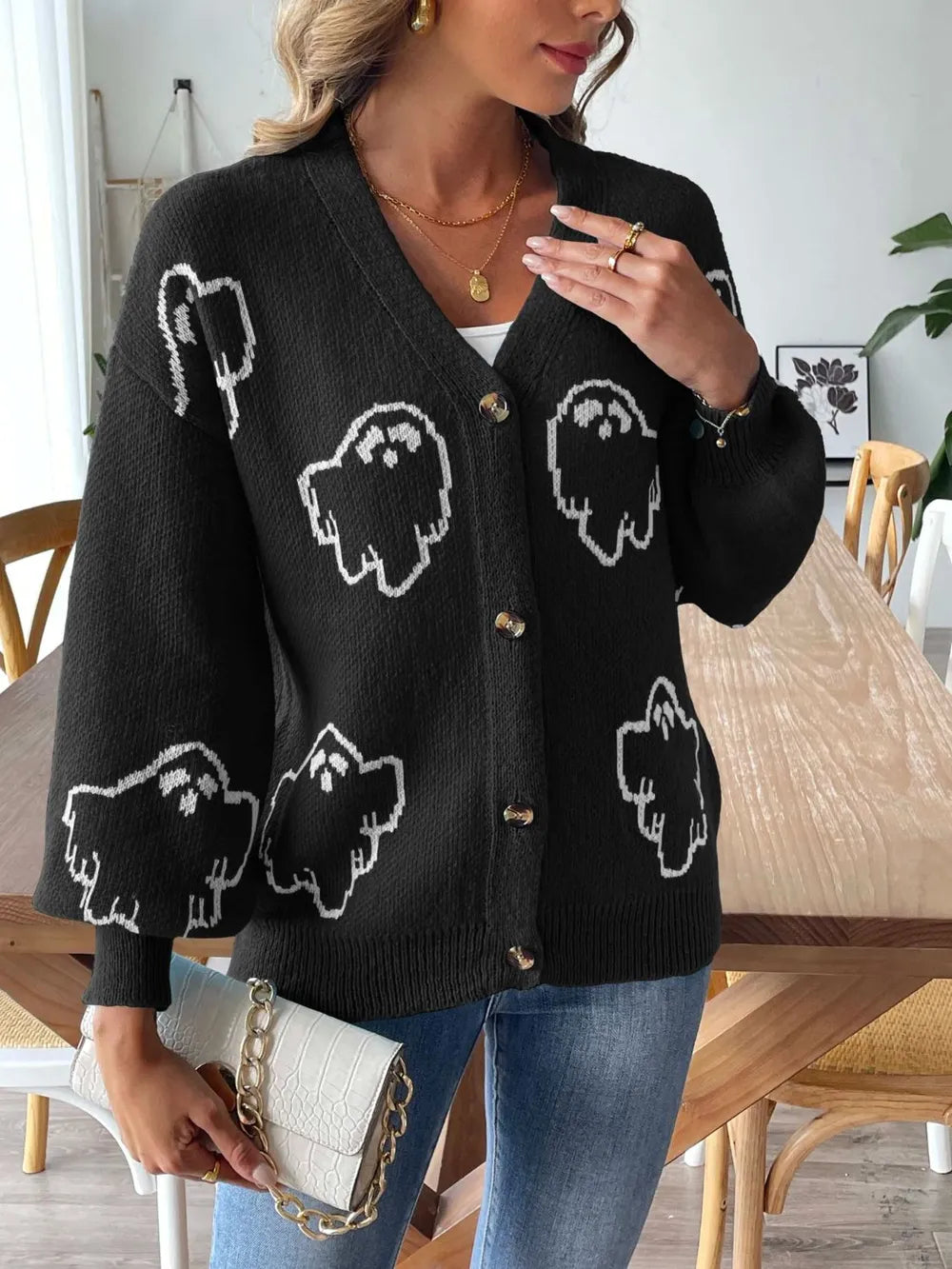 Women's loose casual button sweater cartoon jacquard cardigan for women - Korvel