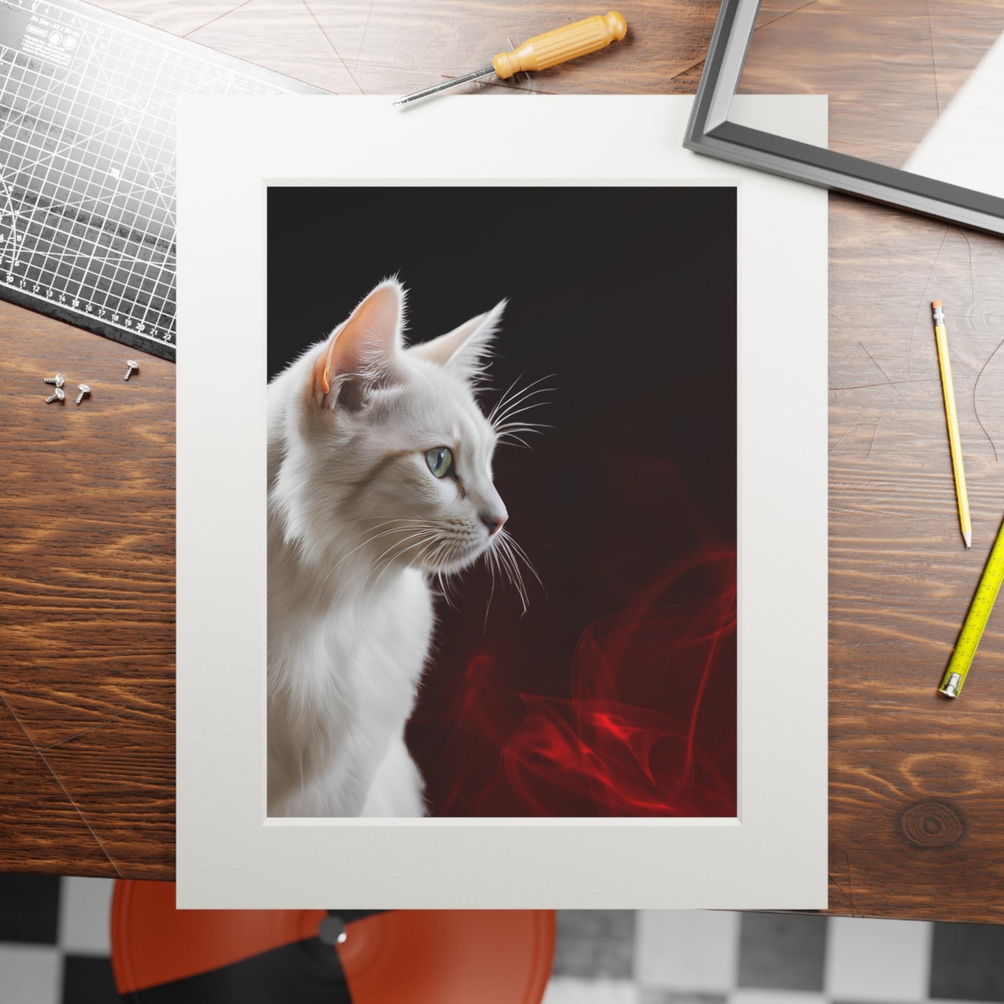 Charming White Cat Art Print with Elegant Passepartout Frame - Korvel