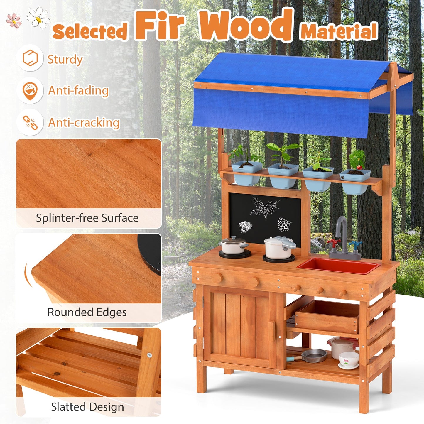 Cuisine en bois pour jeu de rôle avec auvent réglable pour enfants