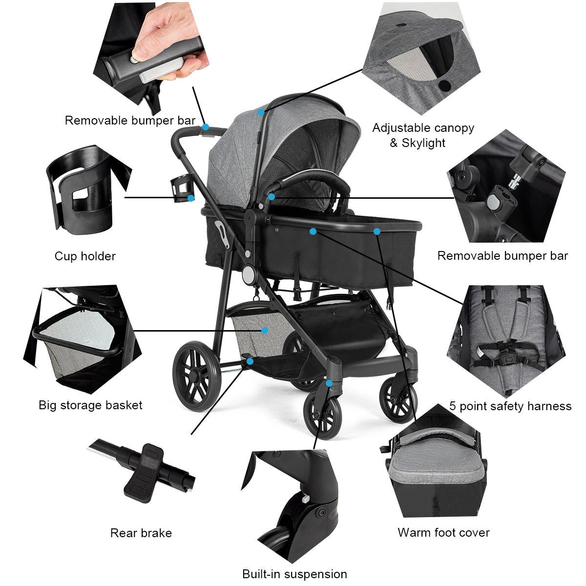 2-in-1 Foldable Pushchair for Newborns and Infants - Gray