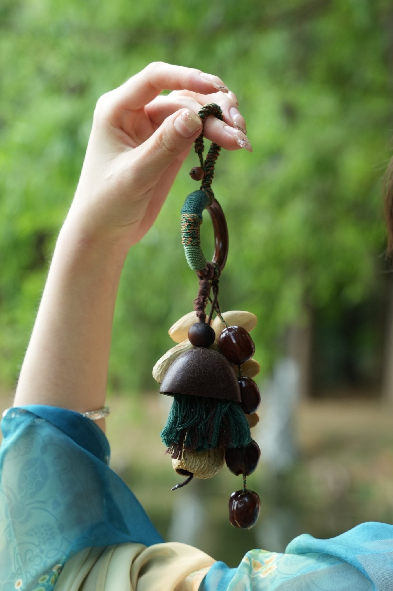 The Forest Harvest - Cascading Nut Shell & Green Tassel Bag Charm