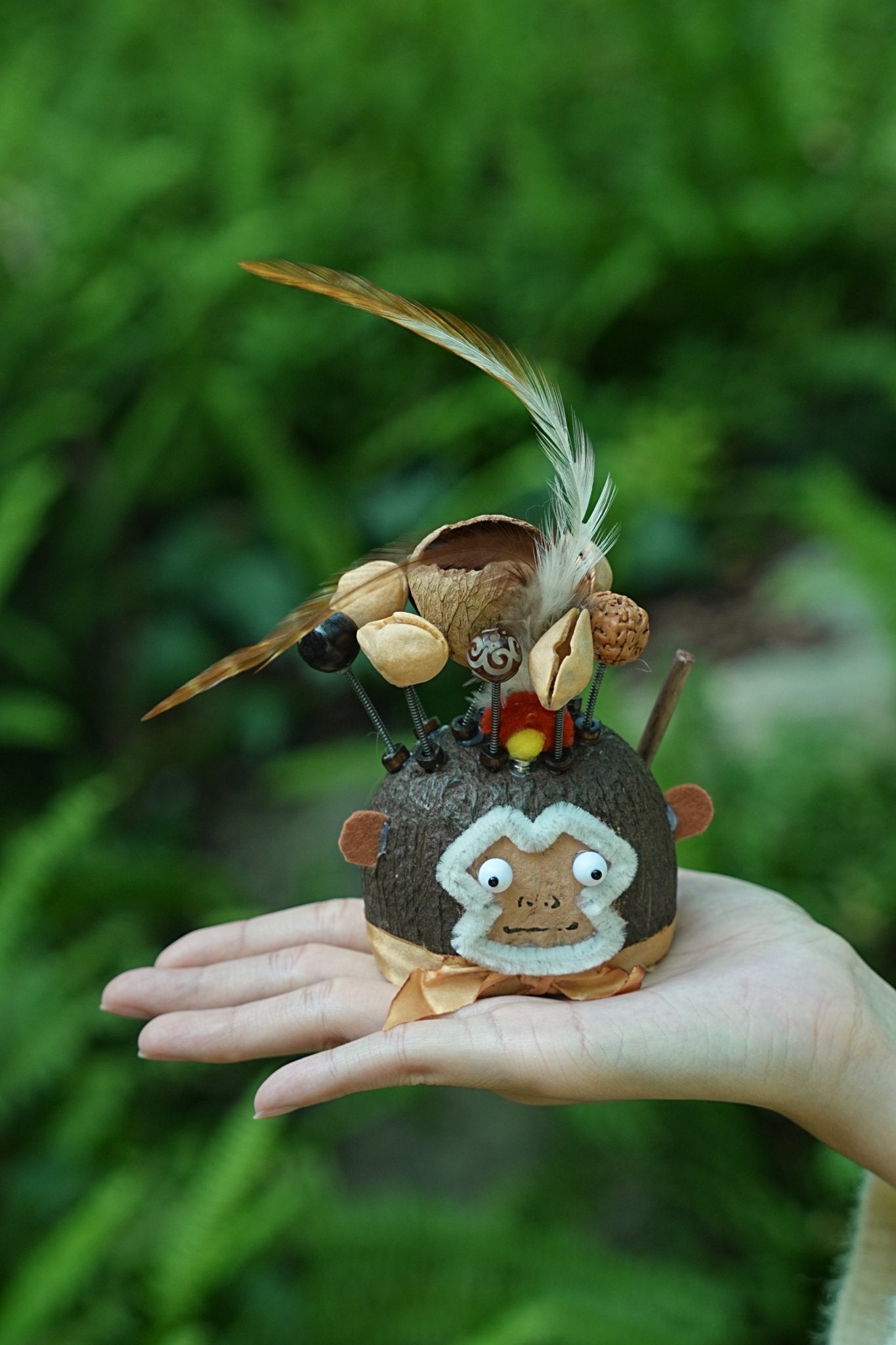 The Monkey King Guardian - Nut Shell Monkey Doll with Feathers & Staff