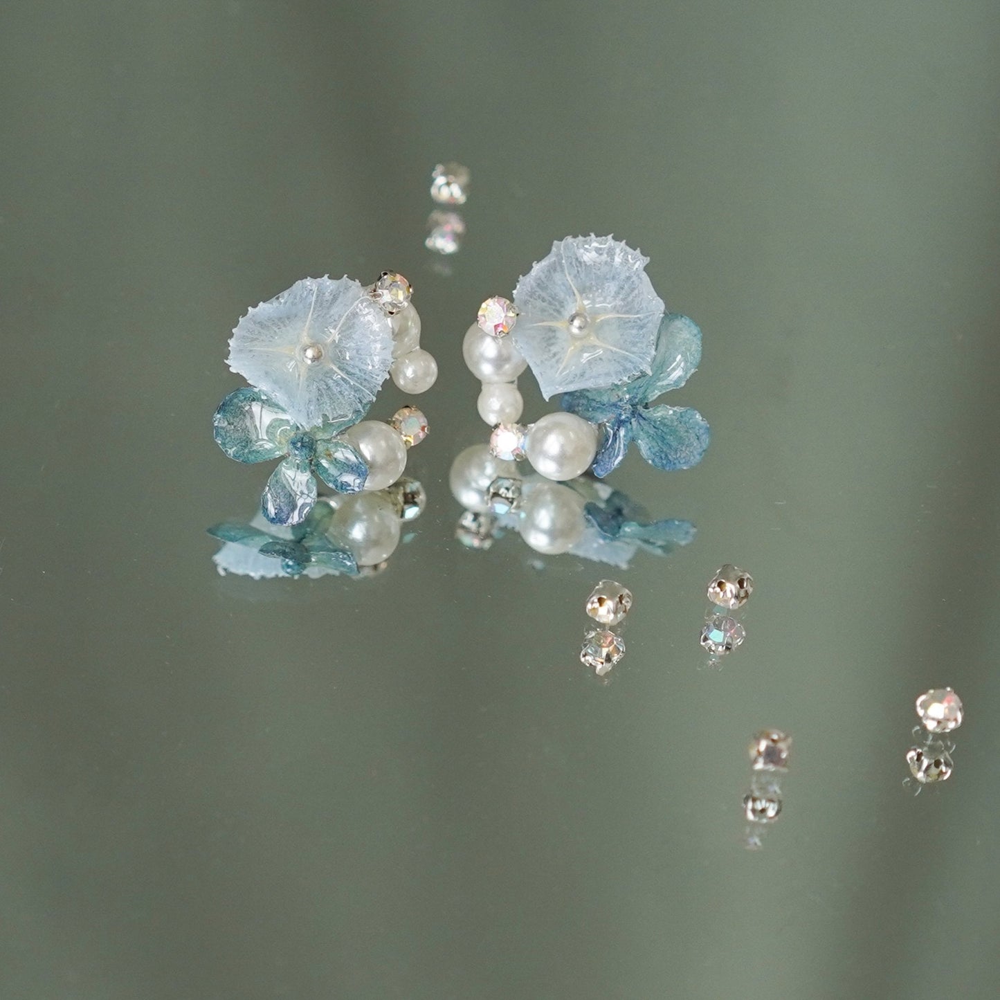 Real Blue Hydrangea Earrings with Pearl & Crystal Drop