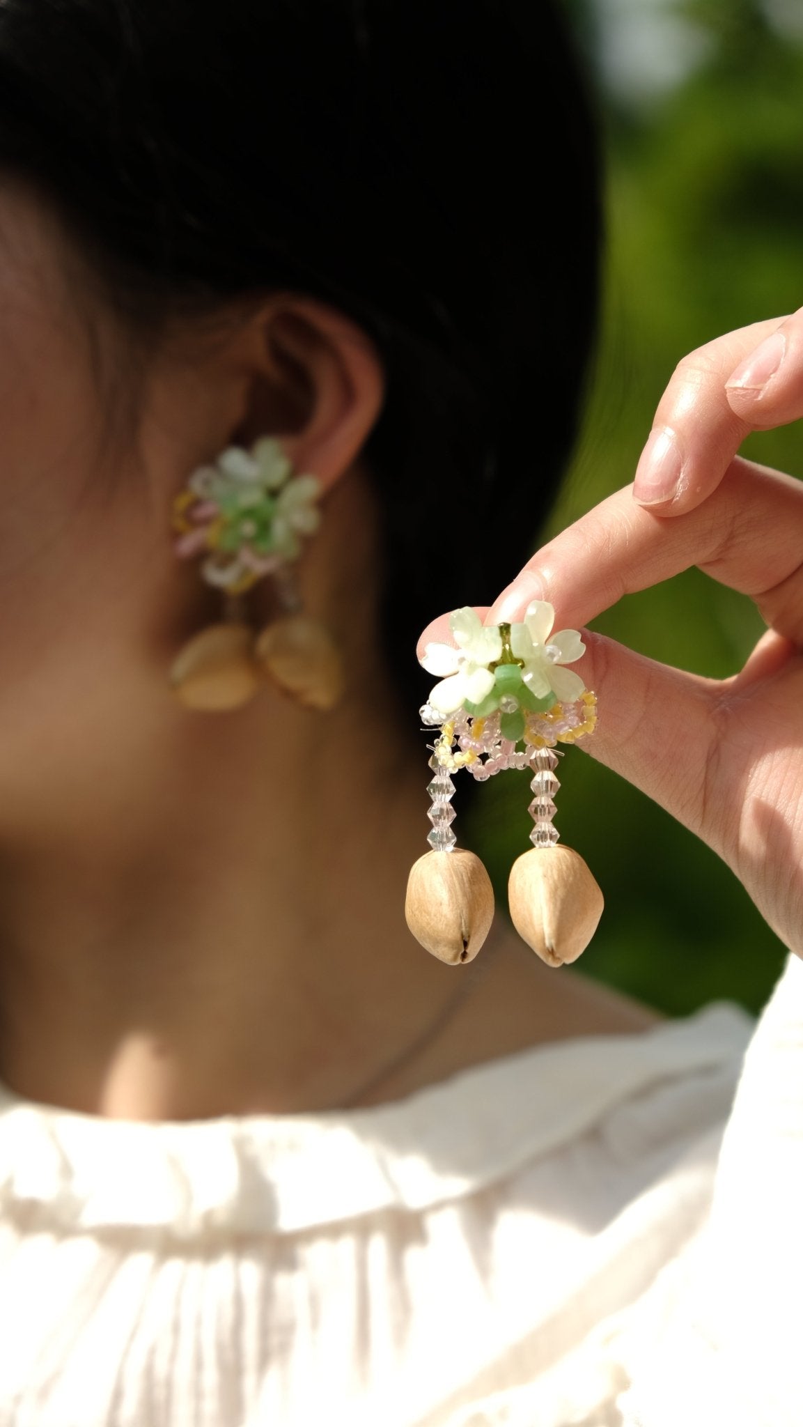 The Spring Blossom - Pastel Flower & Natural Seed Dangle Earrings